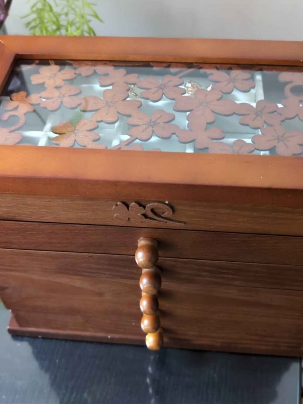 Wooden Jewelry Box with Sakura Glass Top - Brown